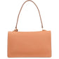 A structured leather shoulder bag in a warm peachy tan color, featuring a single matching leather shoulder strap and small gold-tone hardware, shown against a plain white background.