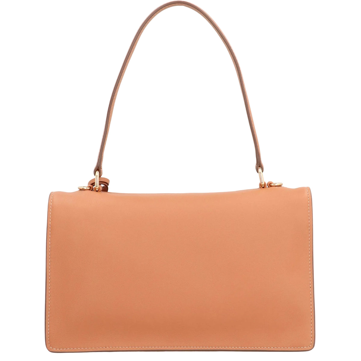 A structured leather shoulder bag in a warm peachy tan color, featuring a single matching leather shoulder strap and small gold-tone hardware, shown against a plain white background.