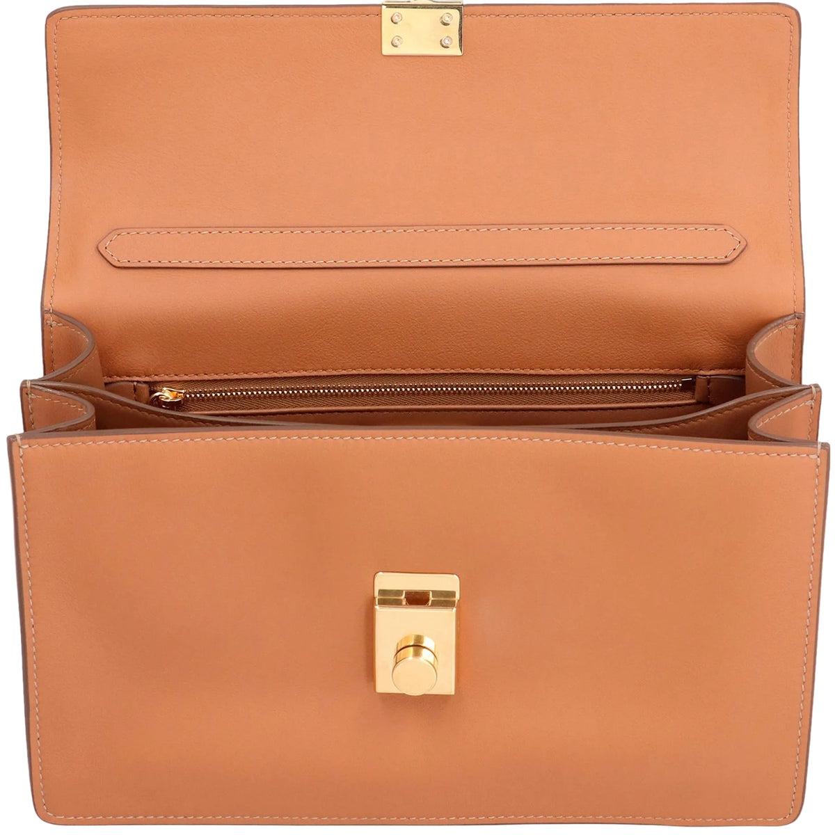 A structured tan leather handbag shown open, featuring a front zip pocket, interior pocket, and polished gold-tone hardware.