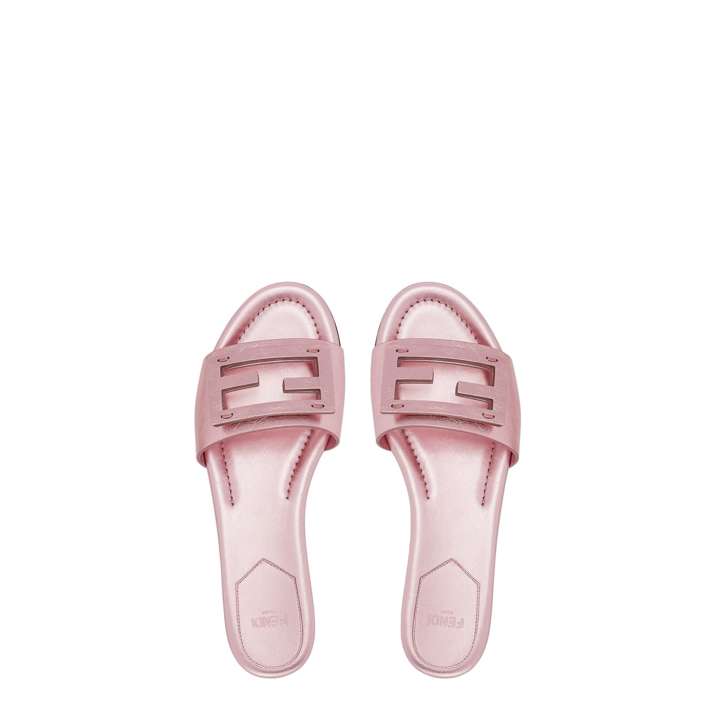 Pair of pink slides with a brand logo on a white background