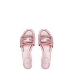 Pair of pink slides with a brand logo on a white background