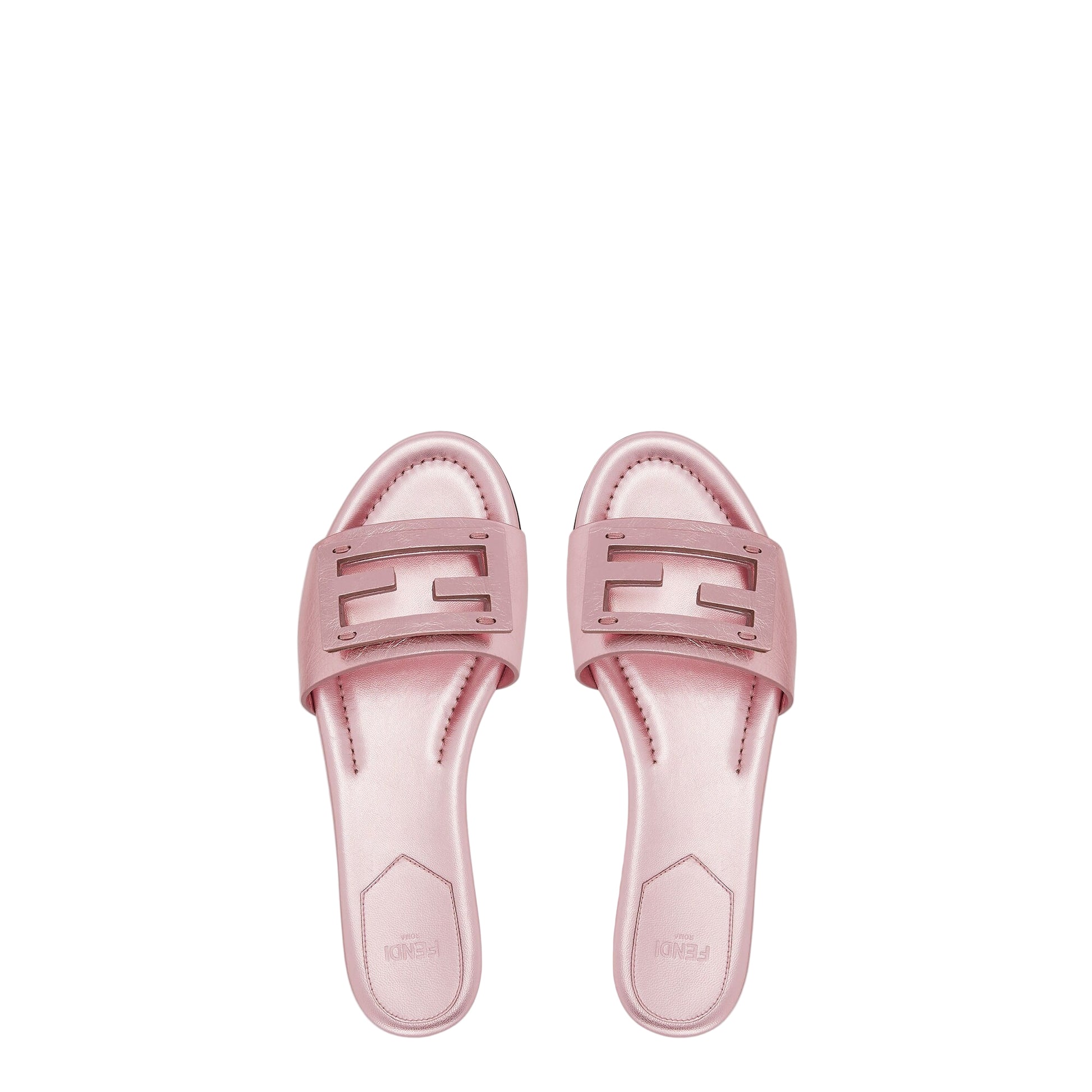 Pair of pink slides with a brand logo on a white background