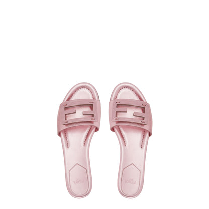 Pair of pink slides with a brand logo on a white background