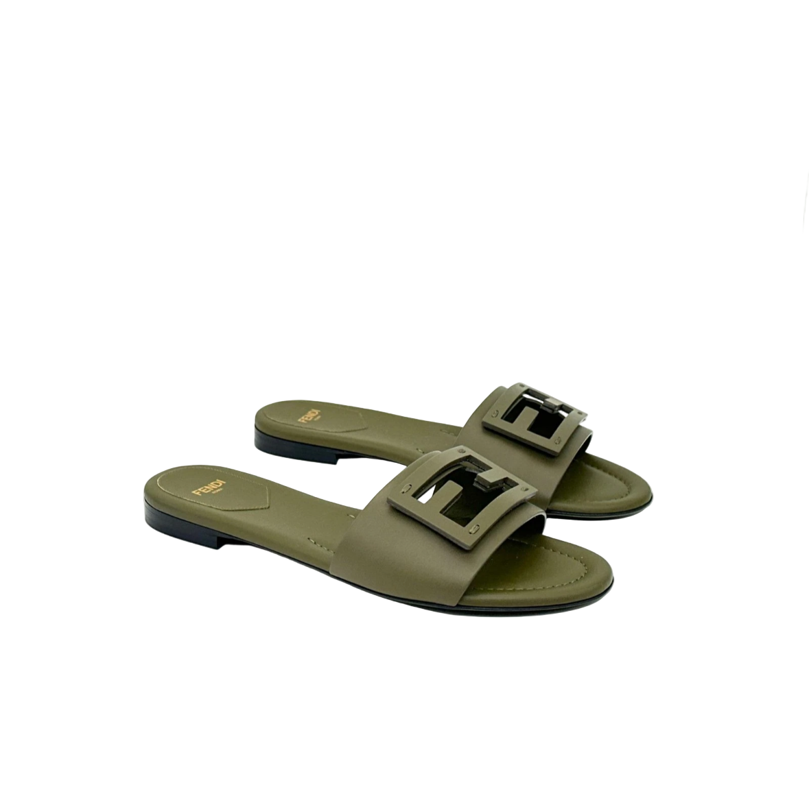 Pair of green sandals with buckles on a white background