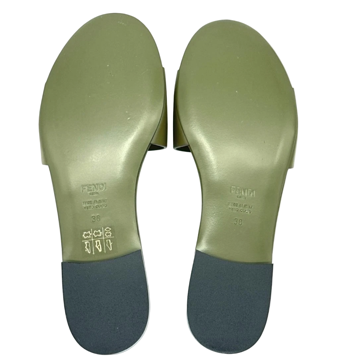 Gold shoe insoles with 'Fendi' branding on a white background