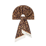 Leopard print headscarf on a white background with 'Valentino' branding.