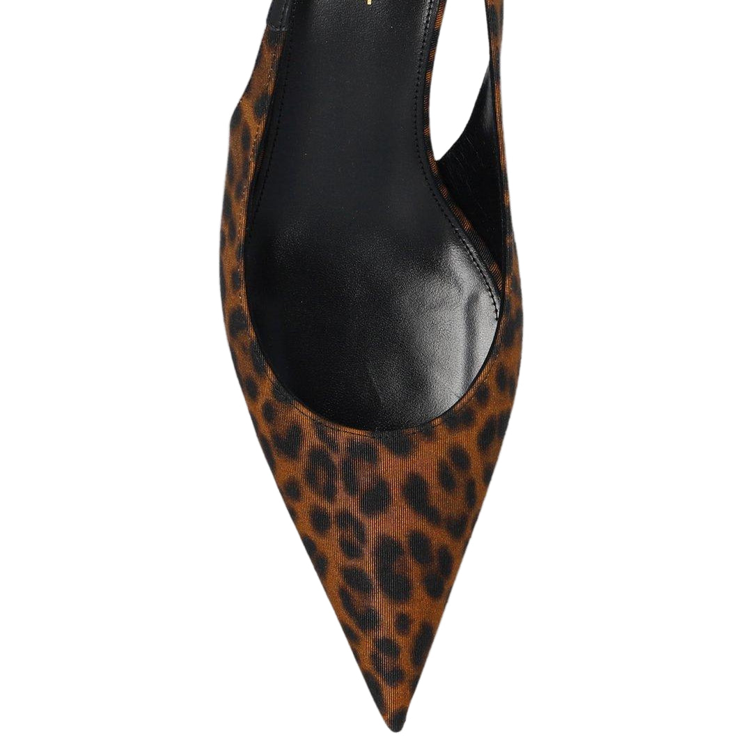 Leopard print high heel shoe with 'Saint Laurent' branding on a white background