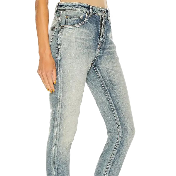 Light blue jeans worn by a person on a white background