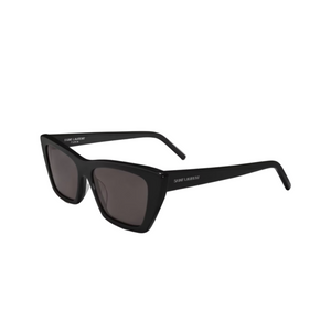 Black sunglasses displayed on a YSL website with 'Saint Laurent' branding.