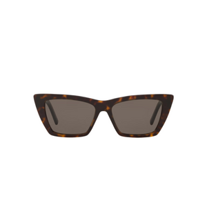 Sunglasses with tortoiseshell frame and dark lenses on a white background
