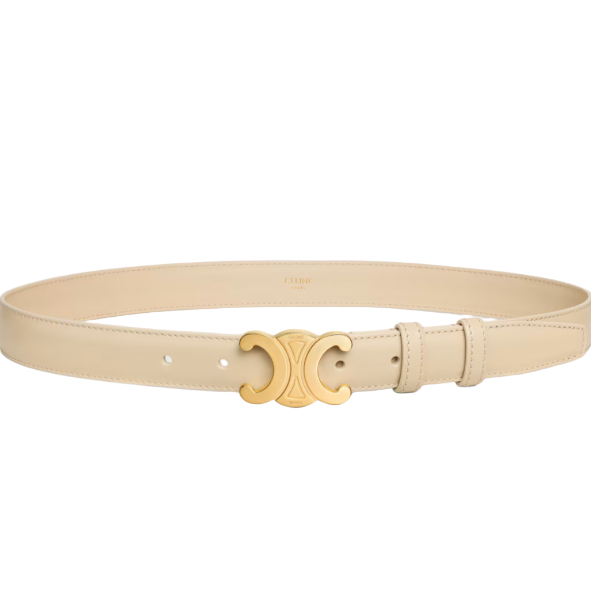 Beige Celine belt with a gold buckle on a white background