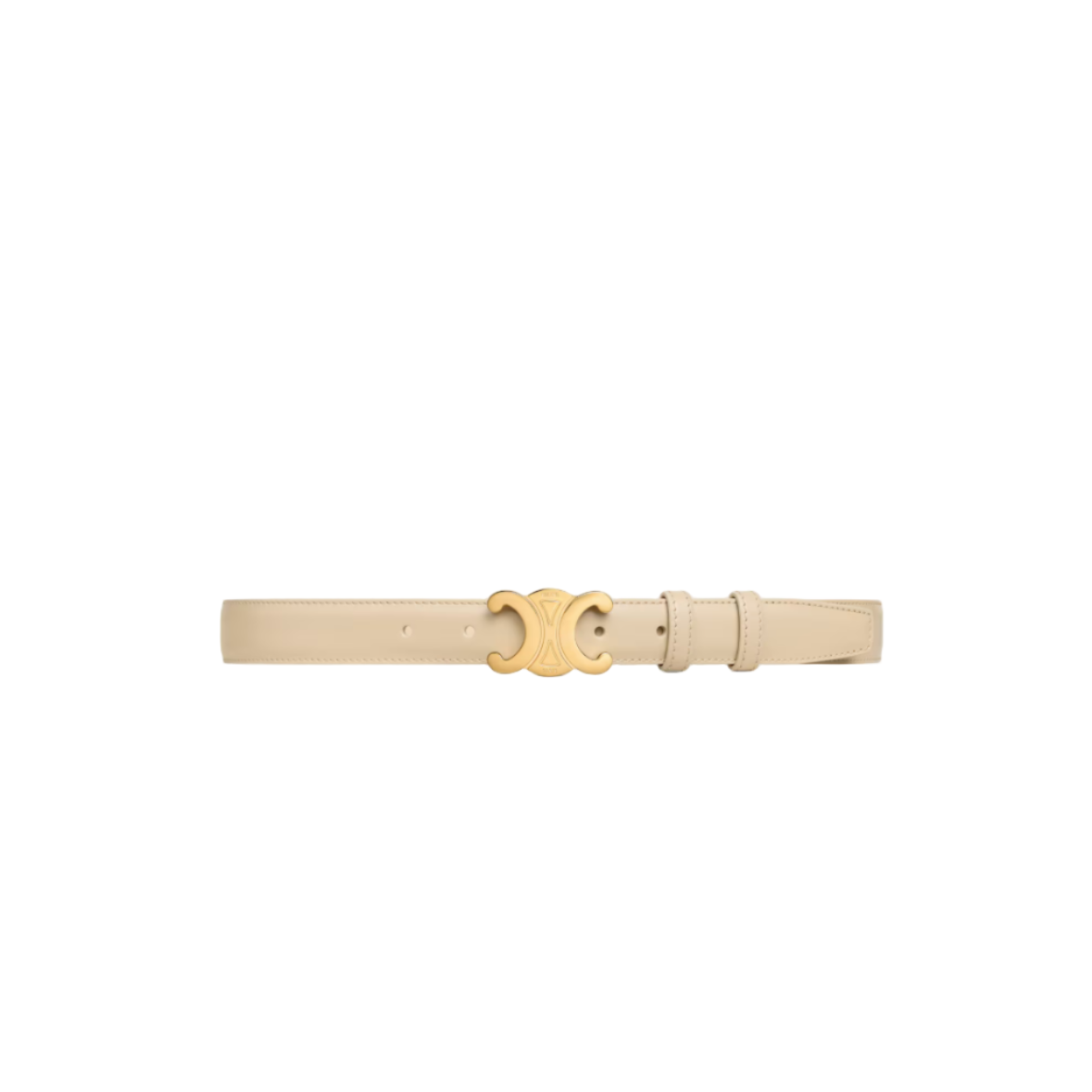 Deep Ivory Celine belt on a white background with Celine.com URL at the bottom.