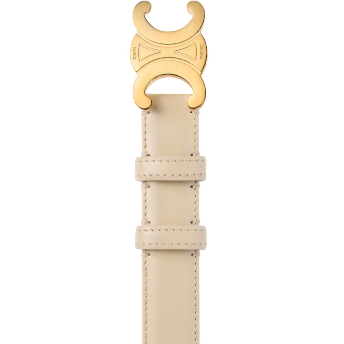 Beige Celine leather strap with gold buckle on a white background