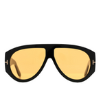 Black sunglasses with yellow lenses on a white background