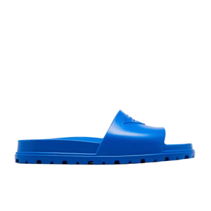 Blue Prada rubber slide sandal on a website with price and option to buy.