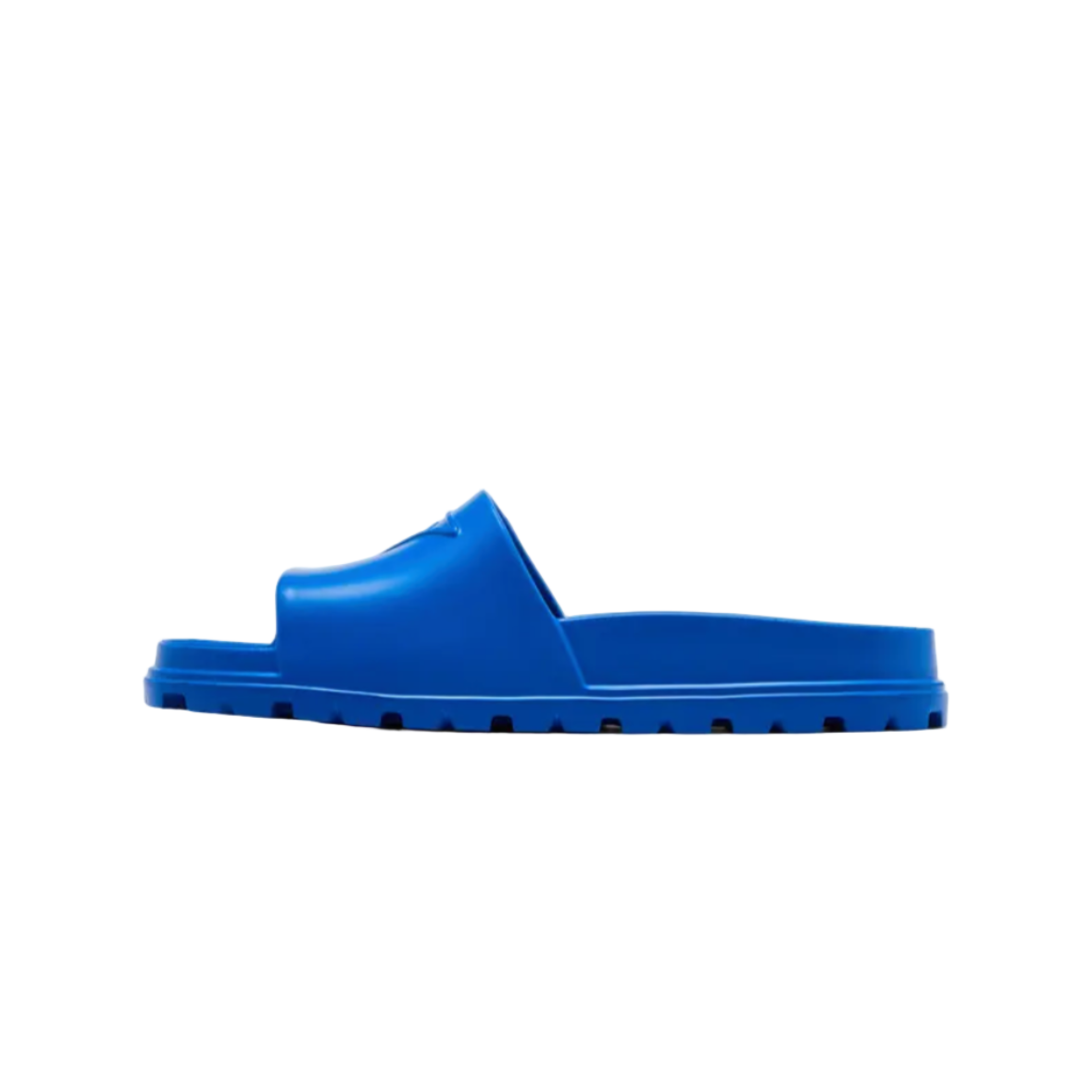Blue slide sandal on a white background with 'www.goat.com' in the URL bar.
