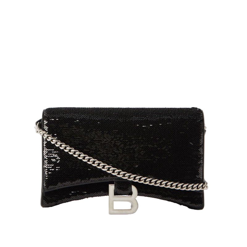 Black clutch bag with a chain strap on a white background