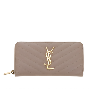 Beige YSL wallet with gold logo on a white background