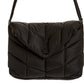 Black puffer bag with a brand logo on a white background