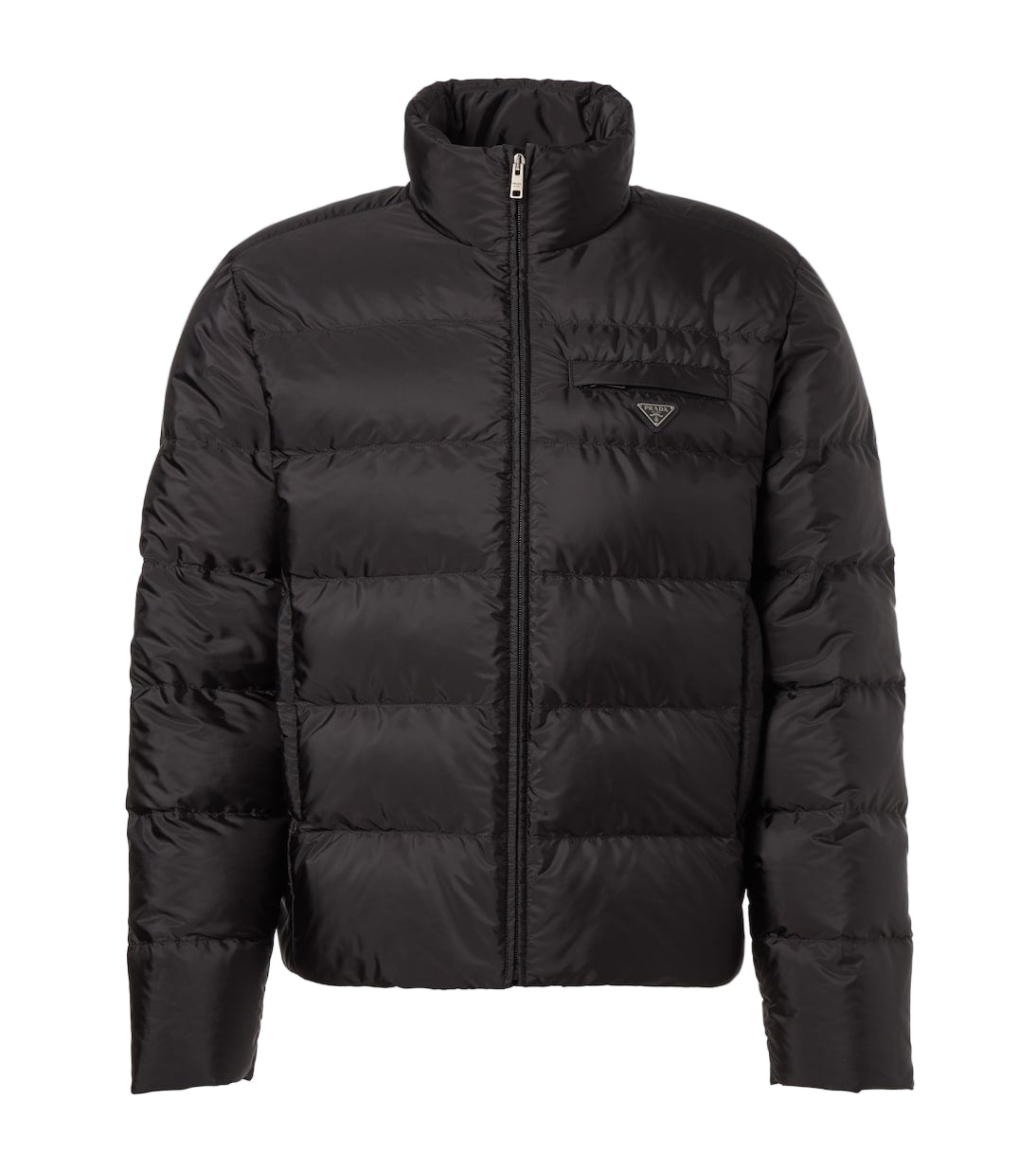 Black puffer jacket on a light gray background