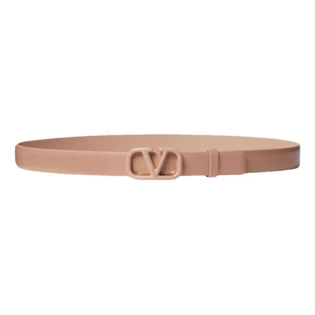 Beige belt with a V-shaped buckle on a white background