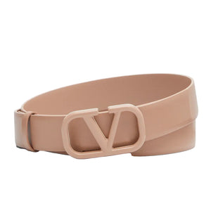 Beige belt with a 'V' logo buckle on a light gray background