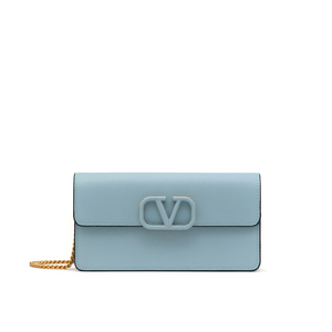 Valentino Garavani VLogo Signature Leather Wallet on Chain Light Blue