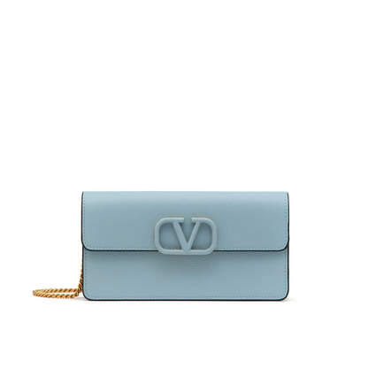 Valentino Garavani VLogo Signature Leather Wallet on Chain Light Blue