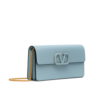 Valentino Garavani VLogo Signature Leather Wallet on Chain Light Blue