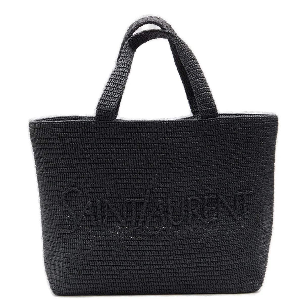 Black woven handbag with 'Saint Laurent' logo on a white background