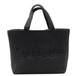 Black woven handbag with 'Saint Laurent' logo on a white background