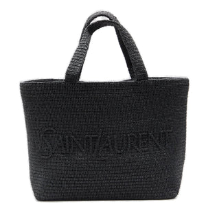 Black woven handbag with 'Saint Laurent' logo on a white background