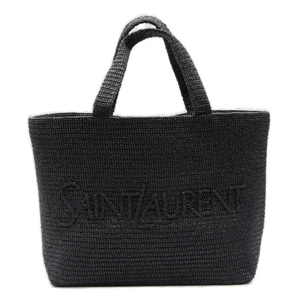 Black woven handbag with 'Saint Laurent' logo on a white background