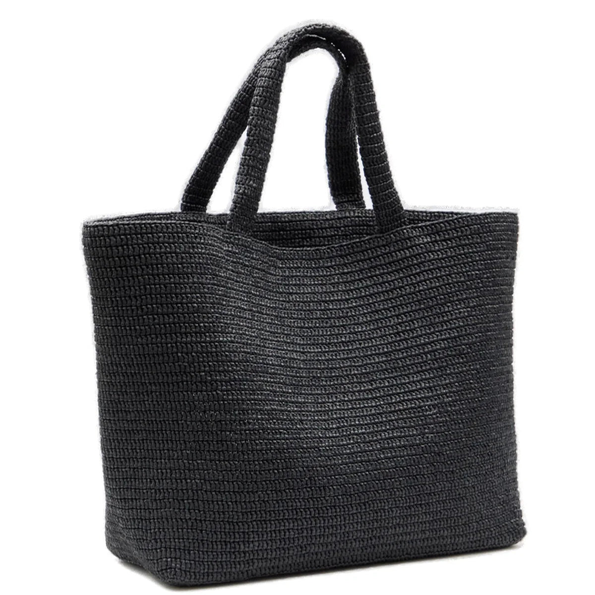 Black woven tote bag on a white background