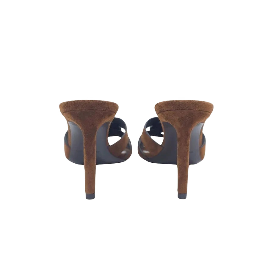 Pair of high-heeled shoes with brown suede straps on a white background
