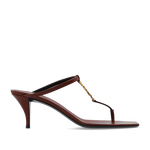 Brown high-heeled sandal with a thin strap on a white background