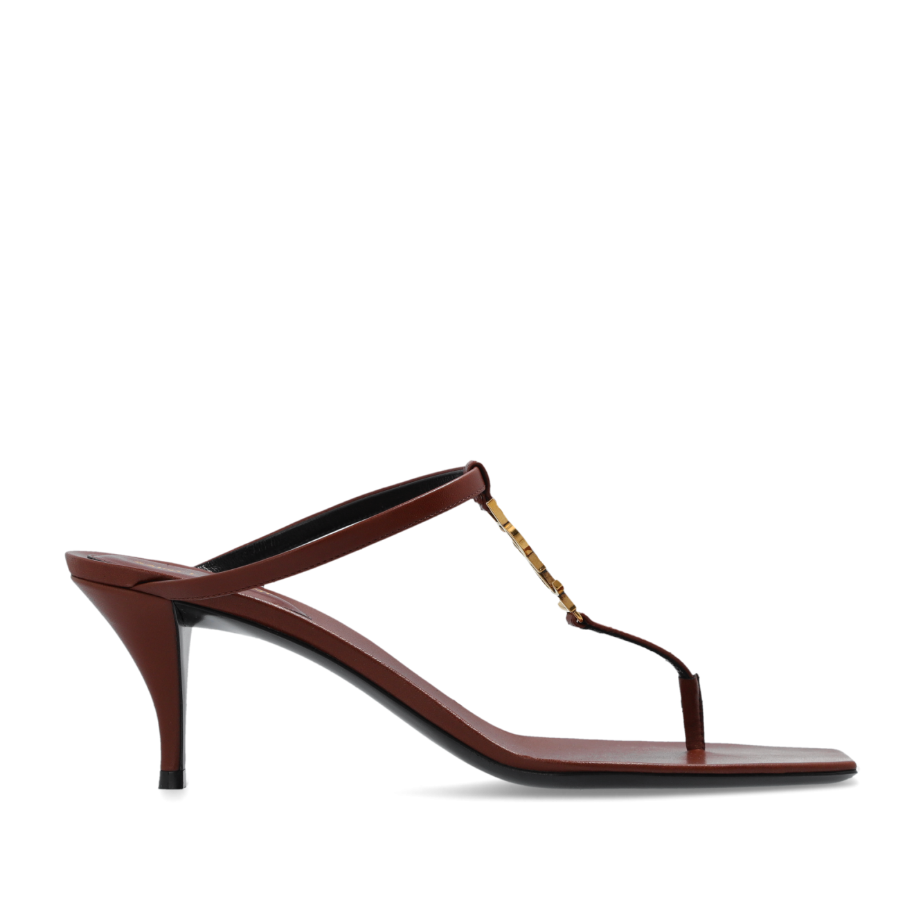 Brown high-heeled sandal with a thin strap on a white background