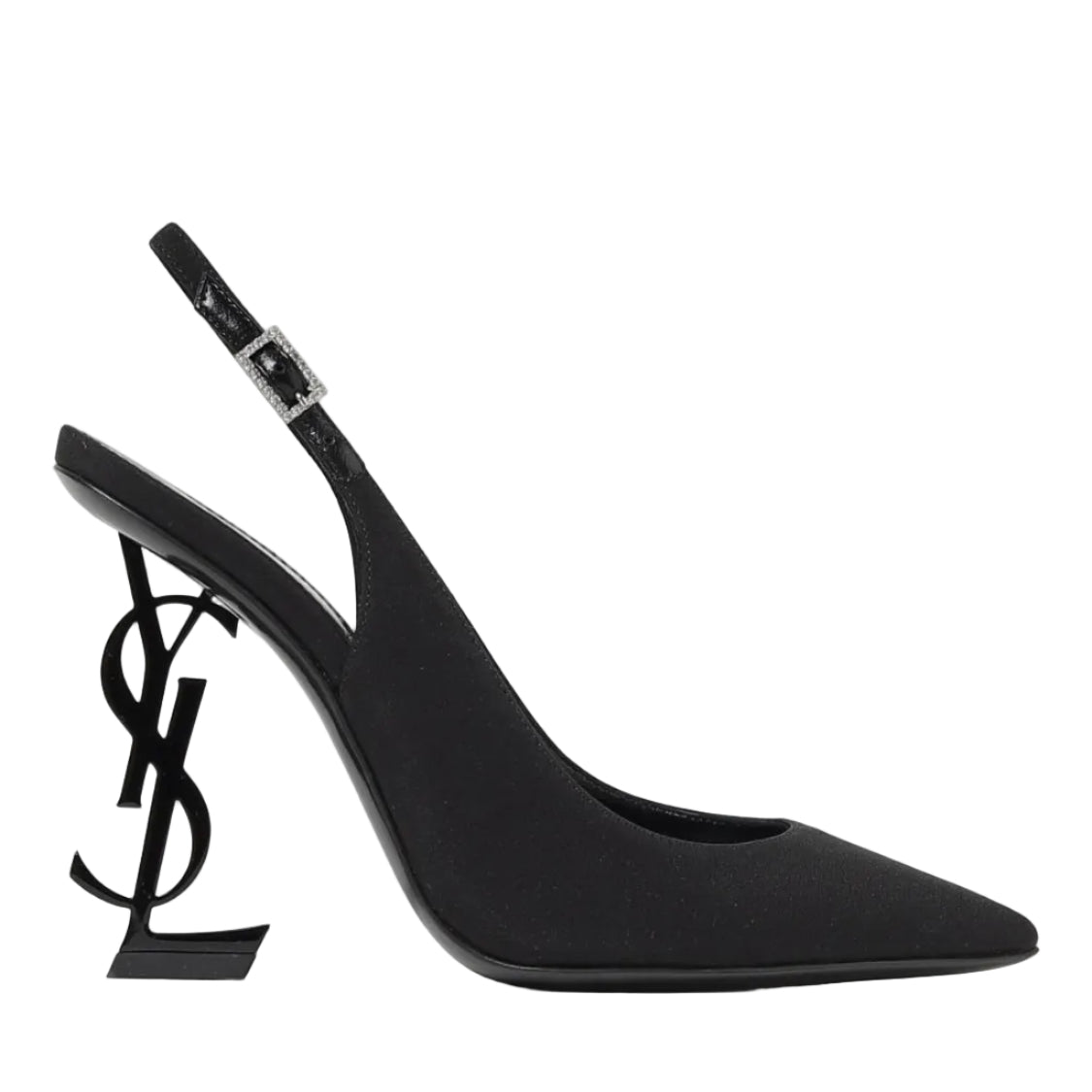 Black high-heeled shoe with a unique heel design on a white background