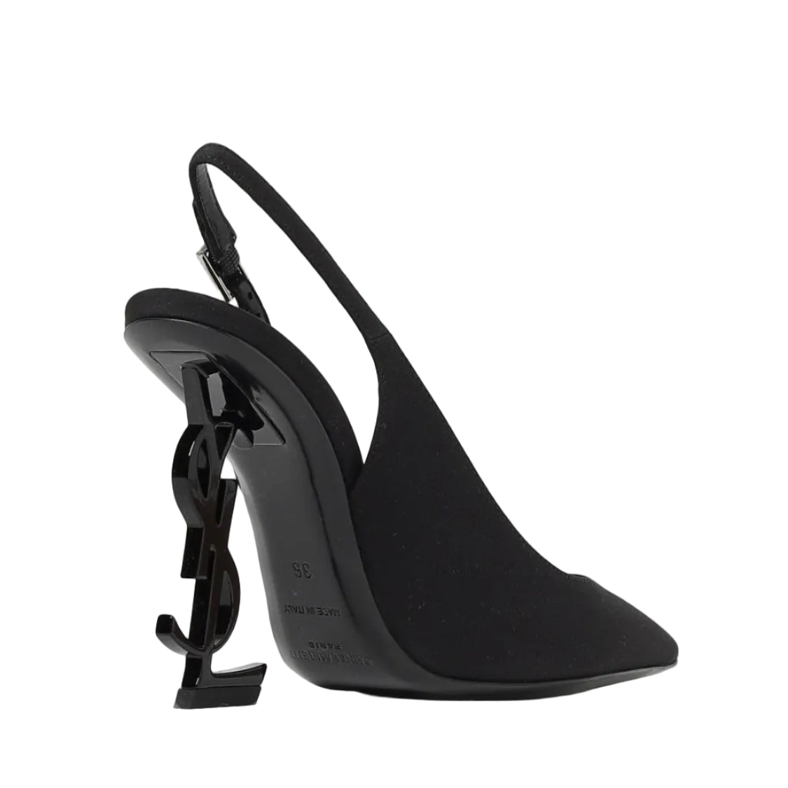 Black high-heeled shoe with a brand logo on a white background
