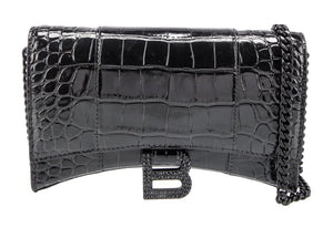 Balenciaga Mini Hourglass Croc Embossed Leather w/Rhinestones Black