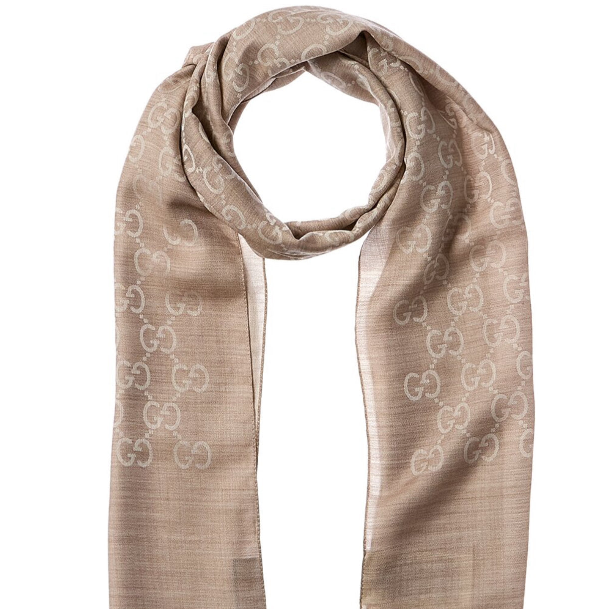 Beige scarf with a subtle pattern on a white background
