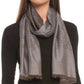 Person wearing a gray patterned scarf on a white background