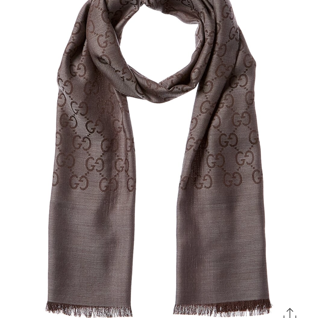 Gucci scarf on a white background with product details and purchase options.