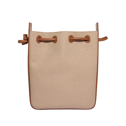 Beige handbag with brown accents on a white background