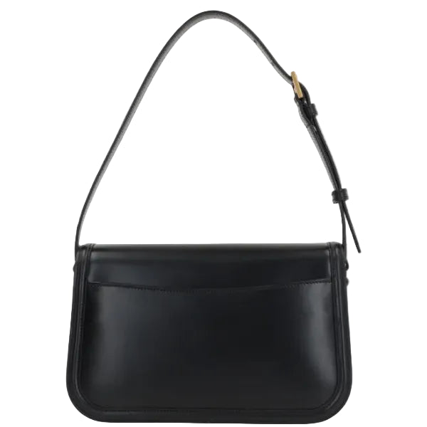 Black handbag with a strap on a white background