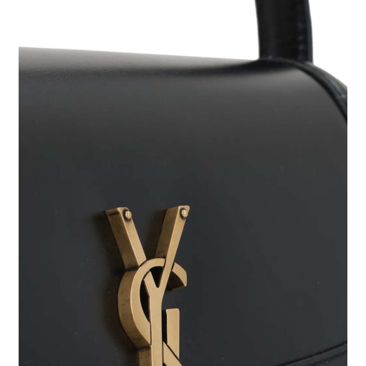 Black handbag with gold logo on a website page