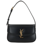 Black handbag with gold logo on a white background