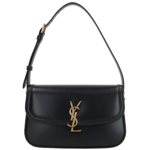 Black handbag with gold logo on a white background