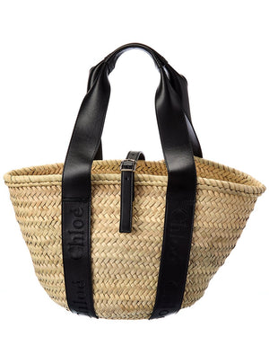 Chloé Sense Raffia Basket Tote Bag Beige & Black