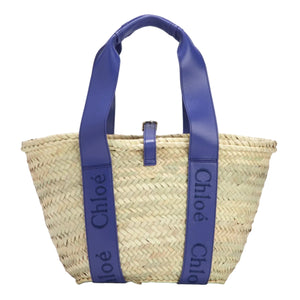 Chloé Sense Raffia Basket Tote Bag Beige & Blue
